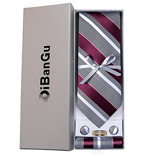 DiBanGu Mens Tie Set Silk Necktie and Gold Tie Ring Pocket Square Cufflinks Formal Business Wedding Ties with Gift Box, Burgundy and Grey - Image 5
