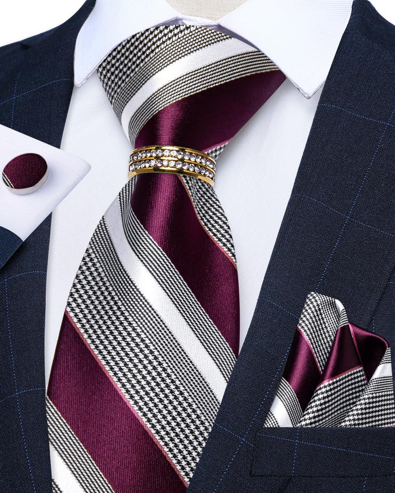 DiBanGu Mens Tie Set Silk Necktie and Gold Tie Ring Pocket Square Cufflinks Formal Business Wedding Ties with Gift Box, Burgundy and Grey - Image 3