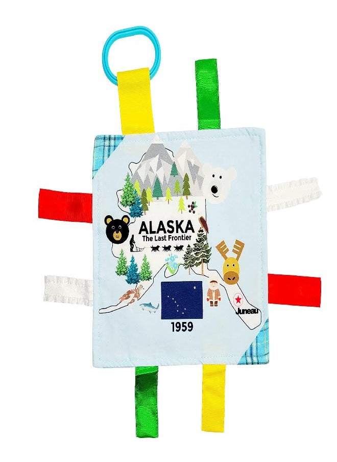 The Learning Lovey Baby Jack & Co 8x8” Learning Lovey Tag Toys for Babies - Baby Crinkle Toys - Crinkle Toys for Baby - Soft & Safe - Learn USA State Facts - Ideal Baby Toy BPA Free w/Stroller Clip (Alaska)  - Image 1
