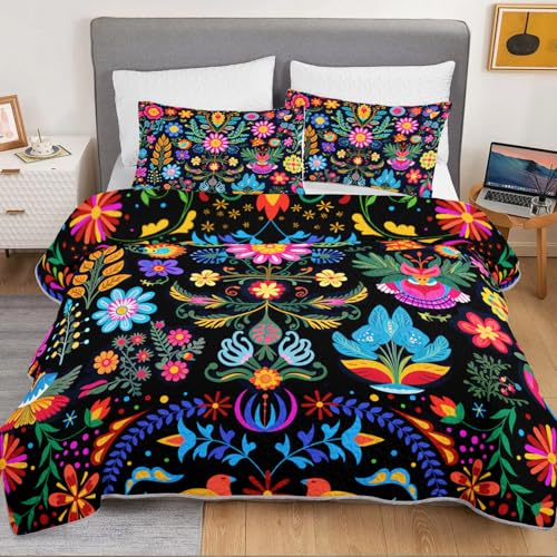 HOSIMA Bohemia Style Quilt Set Queen Size for Adults Women Bedroom Decor,Various Colorful Flowers Pattern Quilt for All Season,Soft Lightweight Boho Bedding with 2 Pillowcases. - Image 3