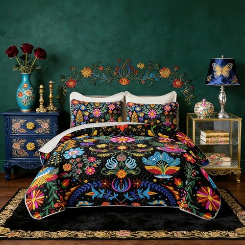 HOSIMA Bohemia Style Quilt Set Queen Size for Adults Women Bedroom Decor,Various Colorful Flowers Pattern Quilt for All Season,Soft Lightweight Boho Bedding with 2 Pillowcases. - Image 1