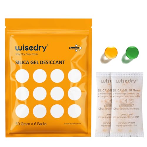 wisedry 50 Gram [6PACKS] Rechargeable Silica Gel Desiccant Packets Fast Reactivate Desiccant Bags Orange to Green indicating for Air Dryer Food Grade - Image 1