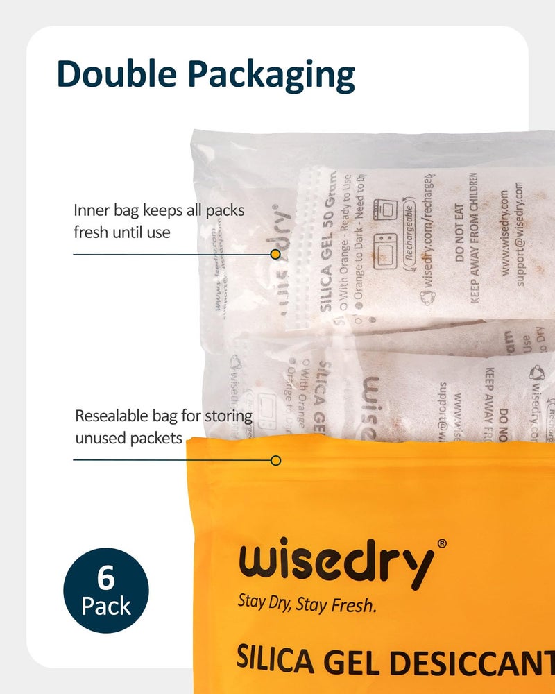 wisedry 50 Gram [6PACKS] Rechargeable Silica Gel Desiccant Packets Fast Reactivate Desiccant Bags Orange to Green indicating for Air Dryer Food Grade - Image 5