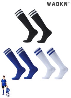 Kids Soccer Footballs Socks 3 Pairs, 3 Colors Children Unisex Anti-slip Towel Bottom Sock Long Breathable Soccer Sock for Football, Rugby, Hockey, Running Or Training for Children Aged 5-12