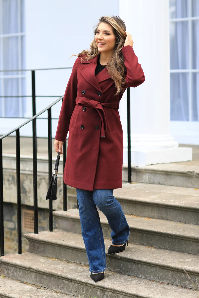 Double Second Wool Blend Collared Wrap Coat