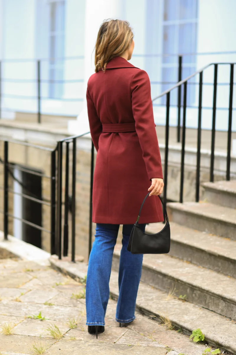 Double Second Wool Blend Collared Wrap Coat