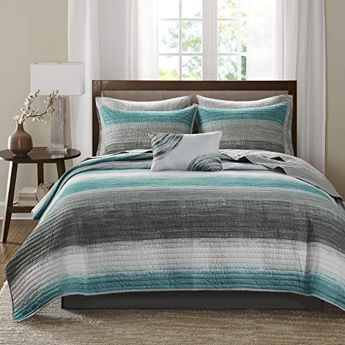 madison park Madison Park Essentials Saben Cozy Bed in A Bag Reversible Quilt with Complete Cotton Sheet SetGeometric Design All Season Cover Decorative Pillow King104x92 Stripes Aqua 8 Piece 