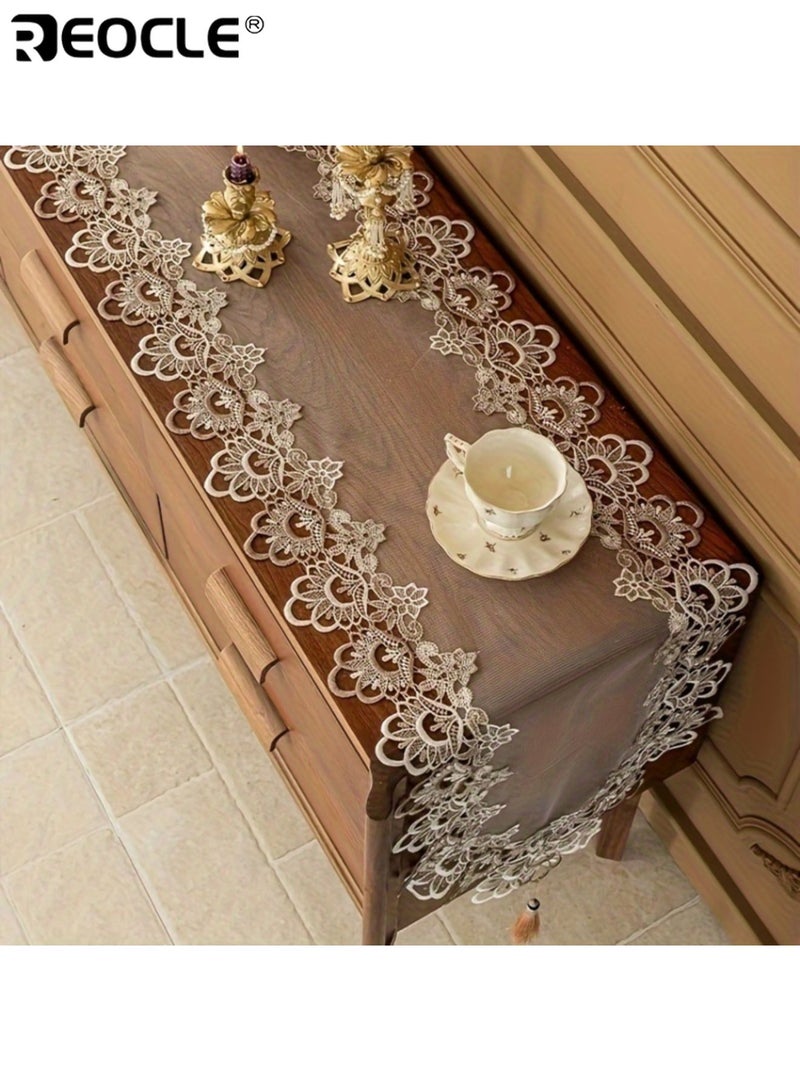 REOCLE Floral Lace Table Runner with Square Woven Design and Polyester Fabric Dining Table Decor with Elegant Edging for Party Gathering Decor - Image 5