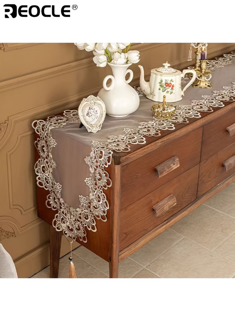 REOCLE Floral Lace Table Runner with Square Woven Design and Polyester Fabric Dining Table Decor with Elegant Edging for Party Gathering Decor - Image 1