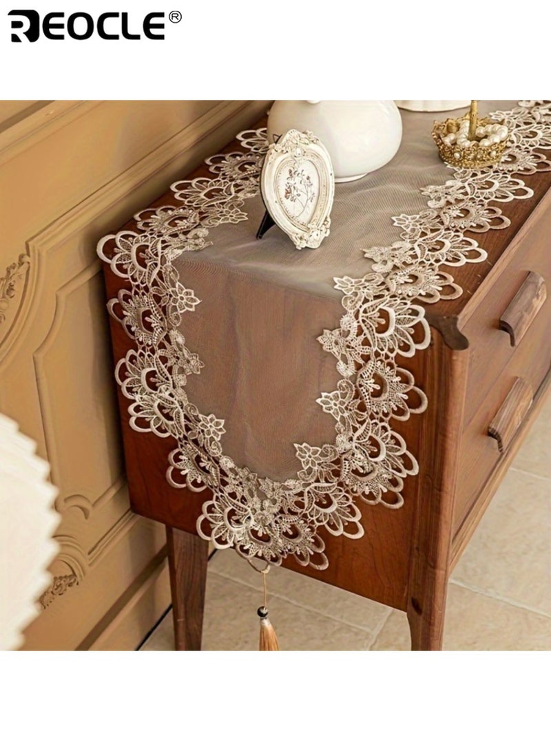 REOCLE Floral Lace Table Runner with Square Woven Design and Polyester Fabric Dining Table Decor with Elegant Edging for Party Gathering Decor - Image 2