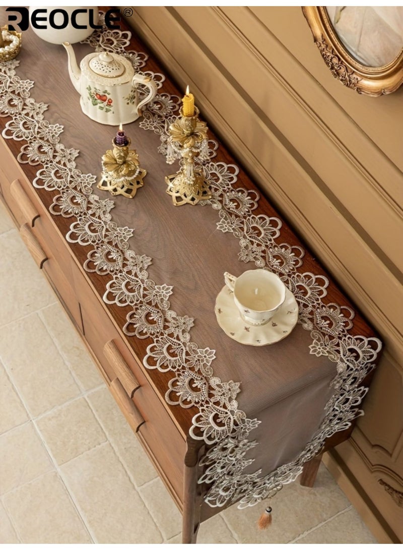 REOCLE Floral Lace Table Runner with Square Woven Design and Polyester Fabric Dining Table Decor with Elegant Edging for Party Gathering Decor - Image 3