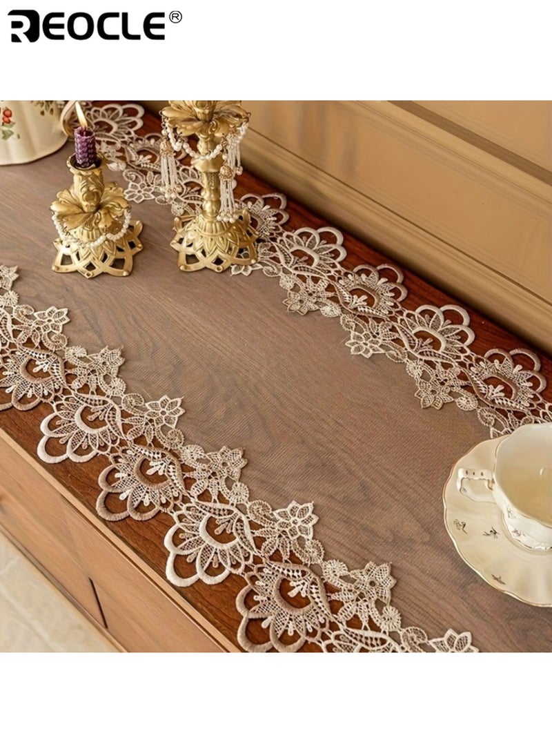 REOCLE Floral Lace Table Runner with Square Woven Design and Polyester Fabric Dining Table Decor with Elegant Edging for Party Gathering Decor - Image 4