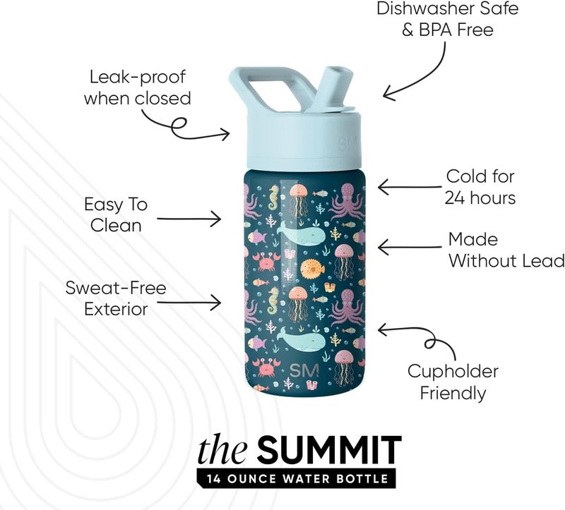 Kids Water Bottle with Straw Lid | Insulated Stainless Steel Reusable Tumbler for Toddlers, School | Summit Collection | 14oz, Under the Sea - Image 1