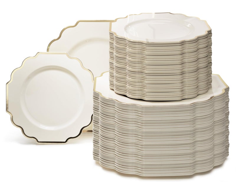 OCCASIONS FINEST PLASTIC TABLEWARE OCCASIONS  240 Plates Pack 120 Guests Heavyweight Wedding Party Disposable Plastic Plates Set 120 x 105 Dinner  120 x 8 SaladDessert Plate Imperial Ivory  Gold 