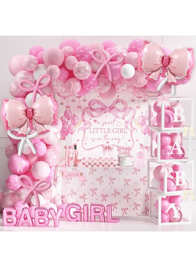 THAWAY Pink Bow Baby Shower Decorations for Girl, Welcome Baby Girl Party Decorations, Coquette Pink Bow Theme Backdrop Balloon Baby Boxes Banner for Girl Birthday Baby Shower Decor - Image 1