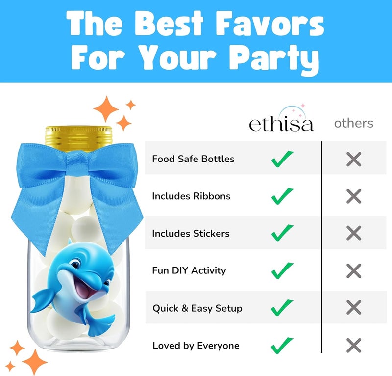 Ethisa Small 12 Pack Dolphin Party Favors - DIY Candy Jars with Ribbons and Stickers - Party Decoration Bottles for Birthday, School Classroom, and Baby Shower - Dolphin Table Centerpiece for Kids - Image 5
