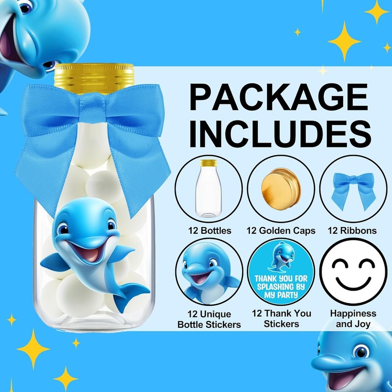 Ethisa Small 12 Pack Dolphin Party Favors - DIY Candy Jars with Ribbons and Stickers - Party Decoration Bottles for Birthday, School Classroom, and Baby Shower - Dolphin Table Centerpiece for Kids - Image 2
