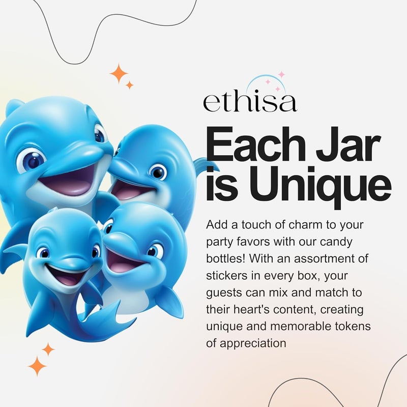 Ethisa Small 12 Pack Dolphin Party Favors - DIY Candy Jars with Ribbons and Stickers - Party Decoration Bottles for Birthday, School Classroom, and Baby Shower - Dolphin Table Centerpiece for Kids - Image 3
