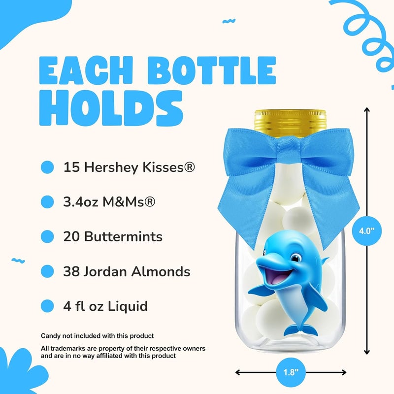 Ethisa Small 12 Pack Dolphin Party Favors - DIY Candy Jars with Ribbons and Stickers - Party Decoration Bottles for Birthday, School Classroom, and Baby Shower - Dolphin Table Centerpiece for Kids - Image 4