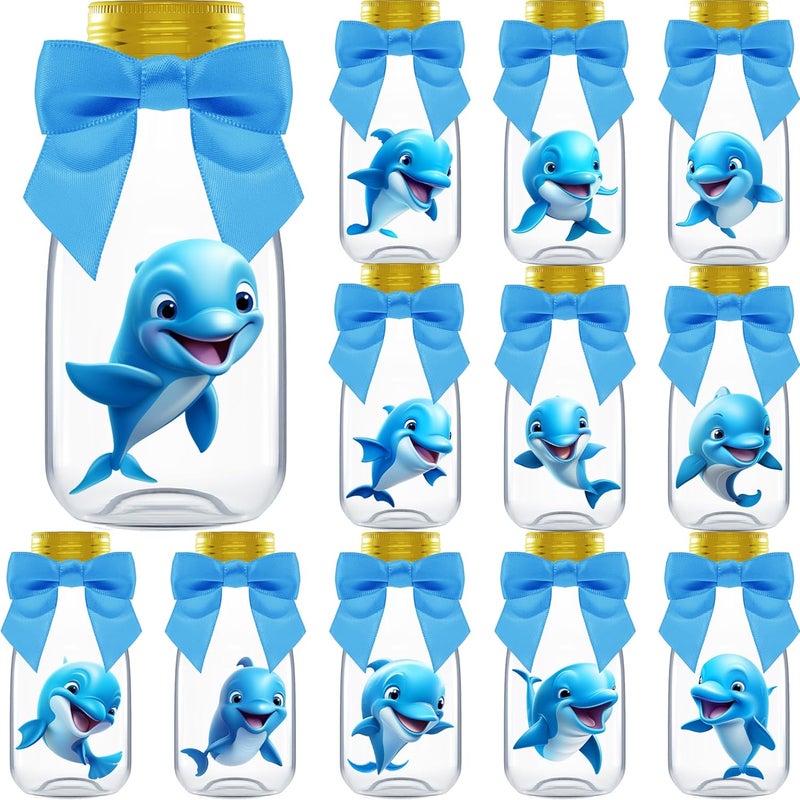 Ethisa Small 12 Pack Dolphin Party Favors - DIY Candy Jars with Ribbons and Stickers - Party Decoration Bottles for Birthday, School Classroom, and Baby Shower - Dolphin Table Centerpiece for Kids - Image 1