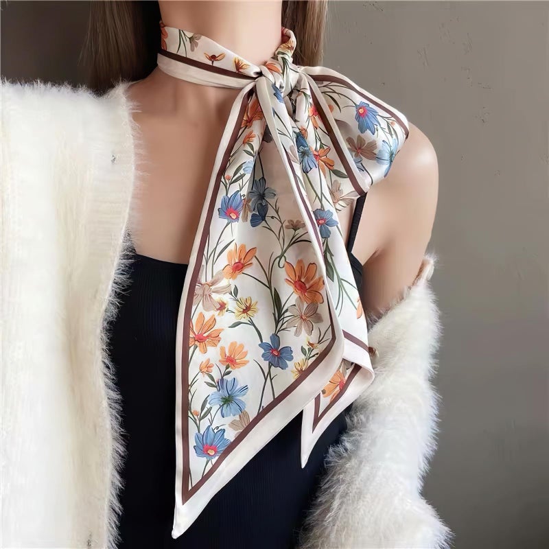 vimate Purse Scarf for Handbags -Fall Fashion Silk Feeling Skinny Floral Neck Hair Scarf for Women Bag Scarf for Handle (Style 06) - Image 4