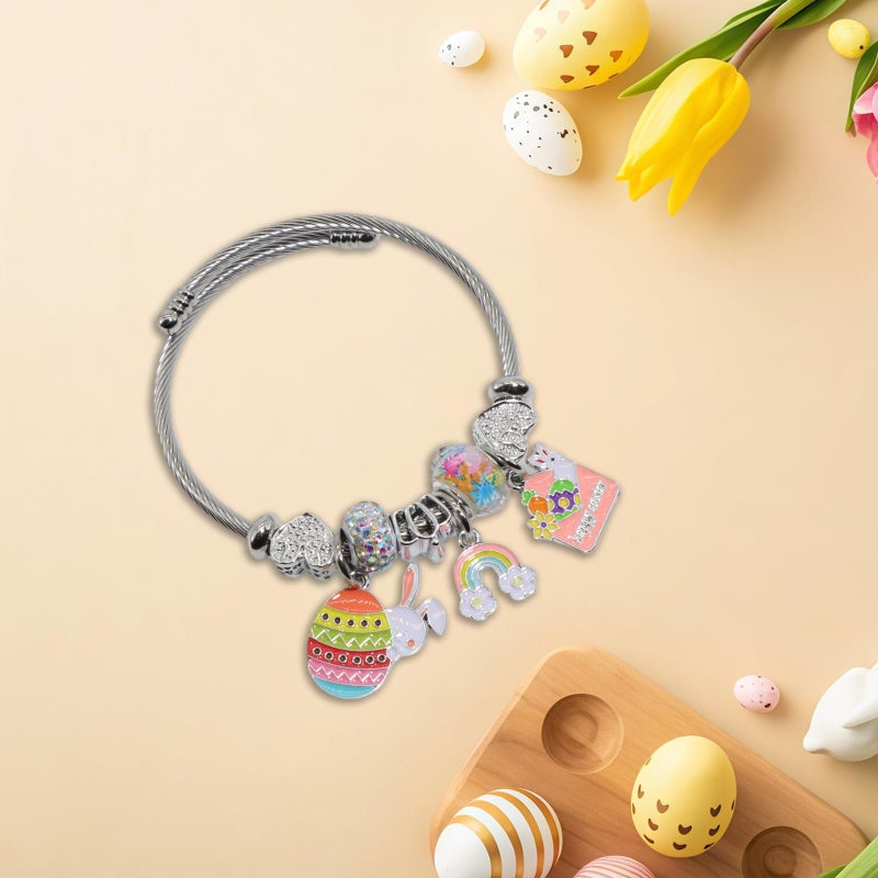 QMWKVNC Easter Charm Bracelets for Womens,Exquisite Cute Cartoon Friendship Silver Bracelets Stainless Steel Bangle, Womens Jewelry Suitable for Holiday Gifts and Birthday Gifts - Image 3