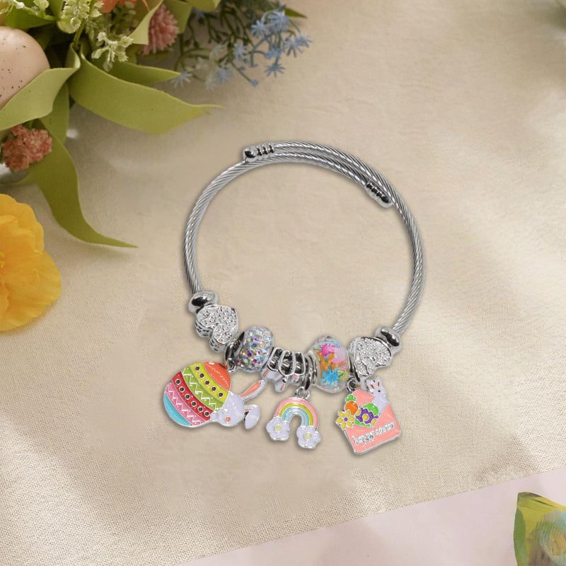 QMWKVNC Easter Charm Bracelets for Womens,Exquisite Cute Cartoon Friendship Silver Bracelets Stainless Steel Bangle, Womens Jewelry Suitable for Holiday Gifts and Birthday Gifts - Image 4