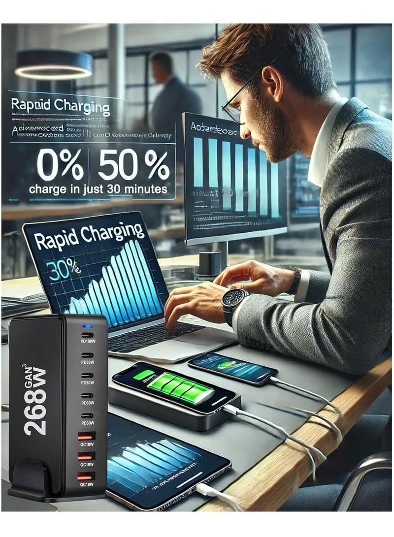 TIGER 268W USB-C Fast Charging Station – 8-Port Desktop Charger for Laptops, Phones, Tablets & Smart Devices | Quick Charge Support, Multiple Protections, High-Efficiency Charging Hub for Home & Office Use - Image 2