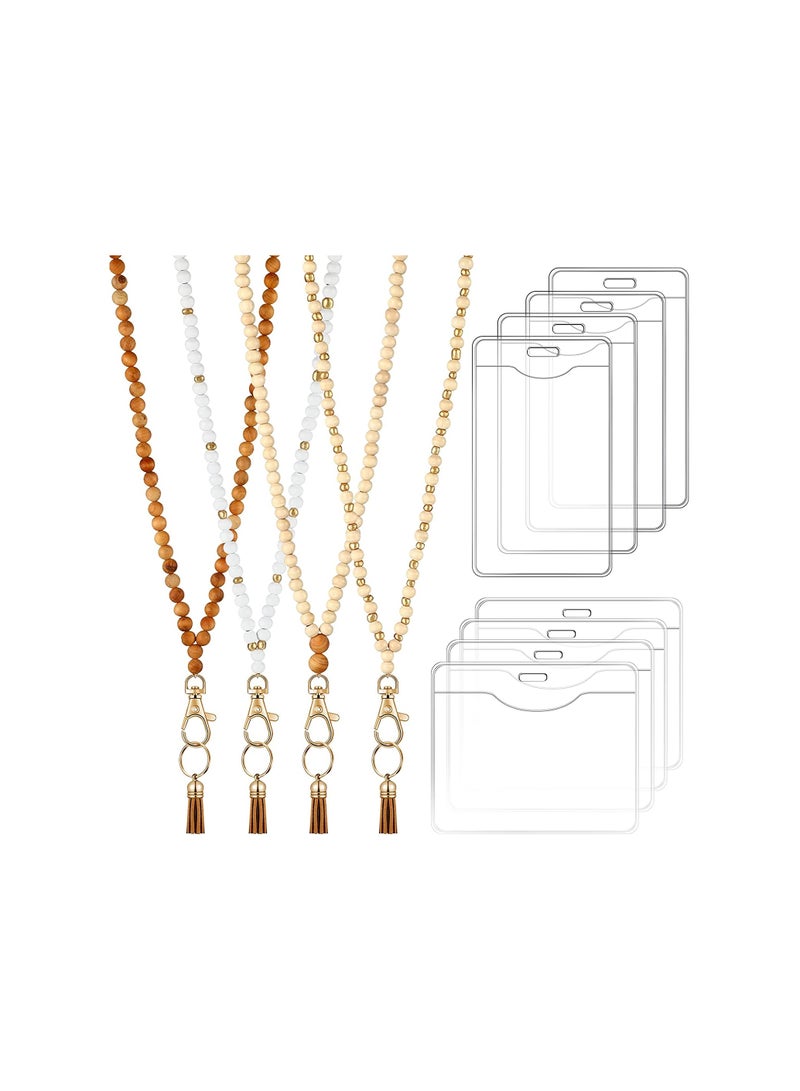 Bohemian Bead Lanyards, 12 Pieces Retro Style Wood Beaded Lanyards and Card Holder Set, Including 4 Wooden Bead Neck Strap with Tassel and 8 Clear Card Holders, for Keys, Phone Bags, ID Card - Image 1