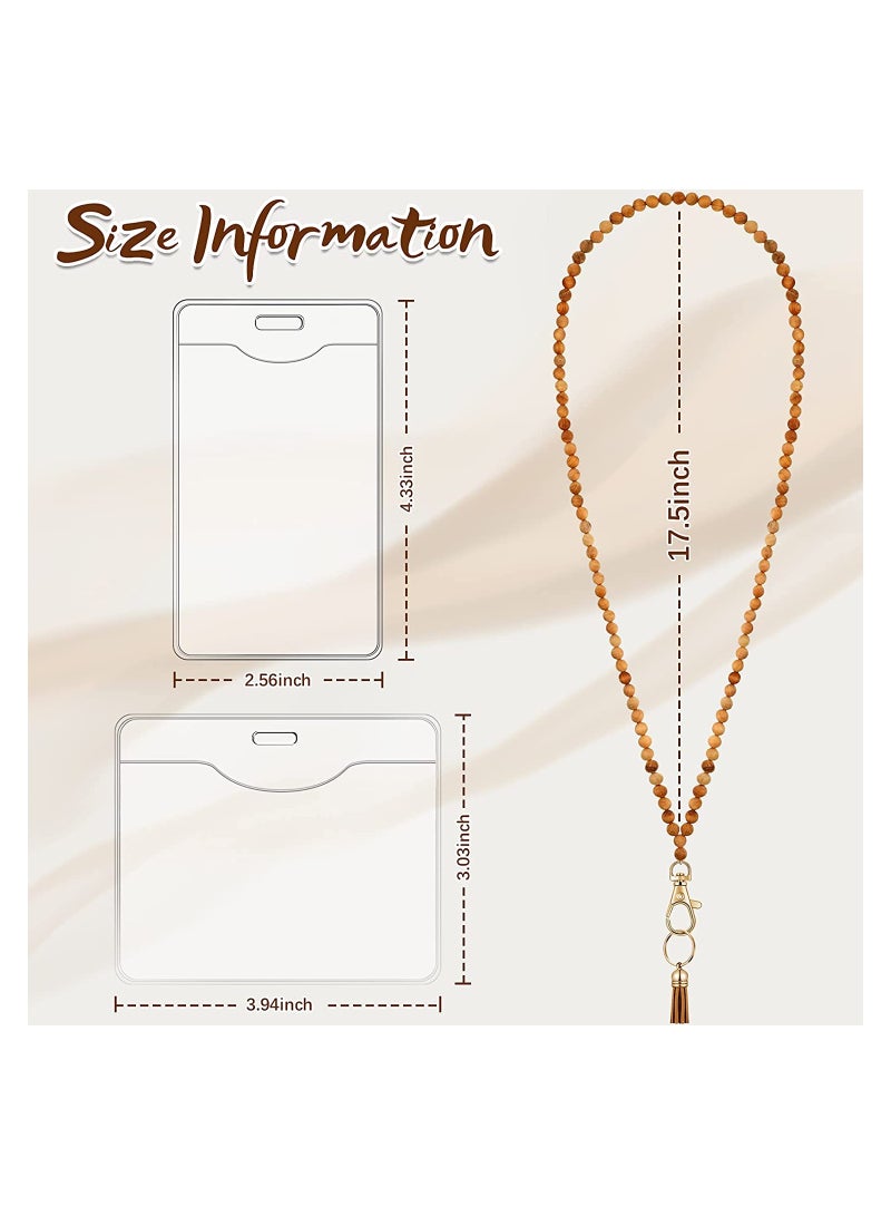 Bohemian Bead Lanyards, 12 Pieces Retro Style Wood Beaded Lanyards and Card Holder Set, Including 4 Wooden Bead Neck Strap with Tassel and 8 Clear Card Holders, for Keys, Phone Bags, ID Card - Image 2