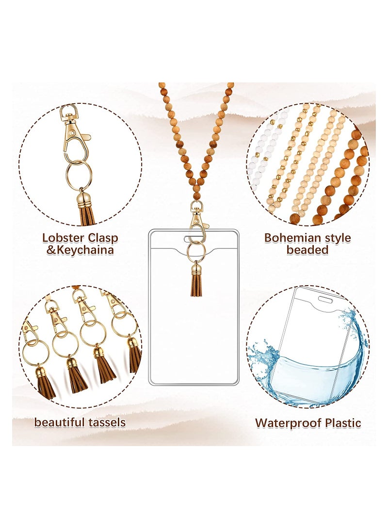 Bohemian Bead Lanyards, 12 Pieces Retro Style Wood Beaded Lanyards and Card Holder Set, Including 4 Wooden Bead Neck Strap with Tassel and 8 Clear Card Holders, for Keys, Phone Bags, ID Card - Image 3
