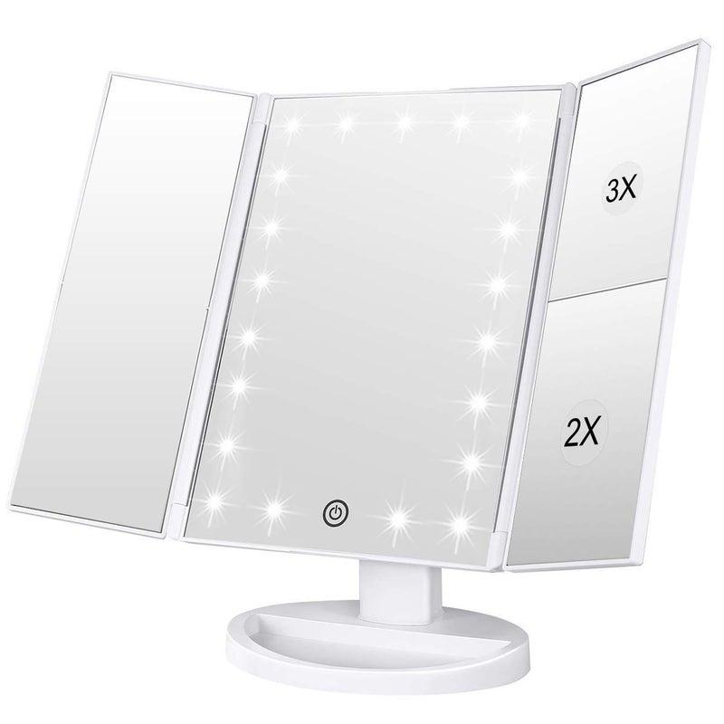 WEILY Makeup Mirror 1x 2x3x Trifold Makeup Mirror with 21 LED Lights and Adjustable Touch Screen Mirrors Cosmetic Countertop Mirrors White