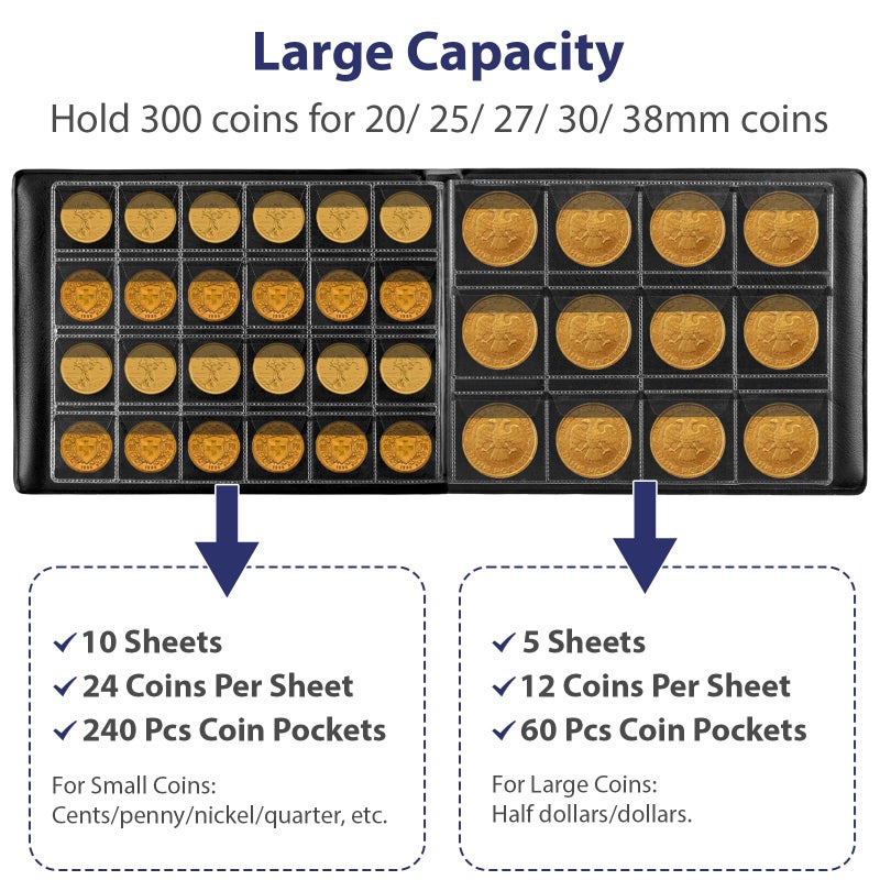 Aptbyte Coin Collection Supplies Holder Book for Collectors, 300 Pockets Coin Collection Organizer Storage Box Case Album for 20/25/ 27/30/ 38mm Coins (Vintage pattern blue) - Image 2