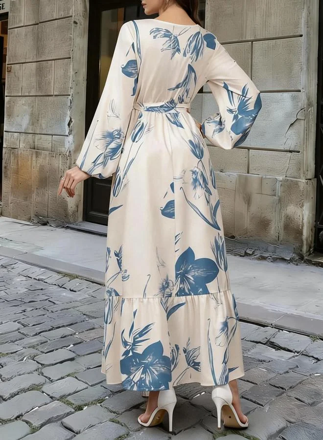 Take Two Blue Floral Print Ruffled Hem A-Line Maxi Dress