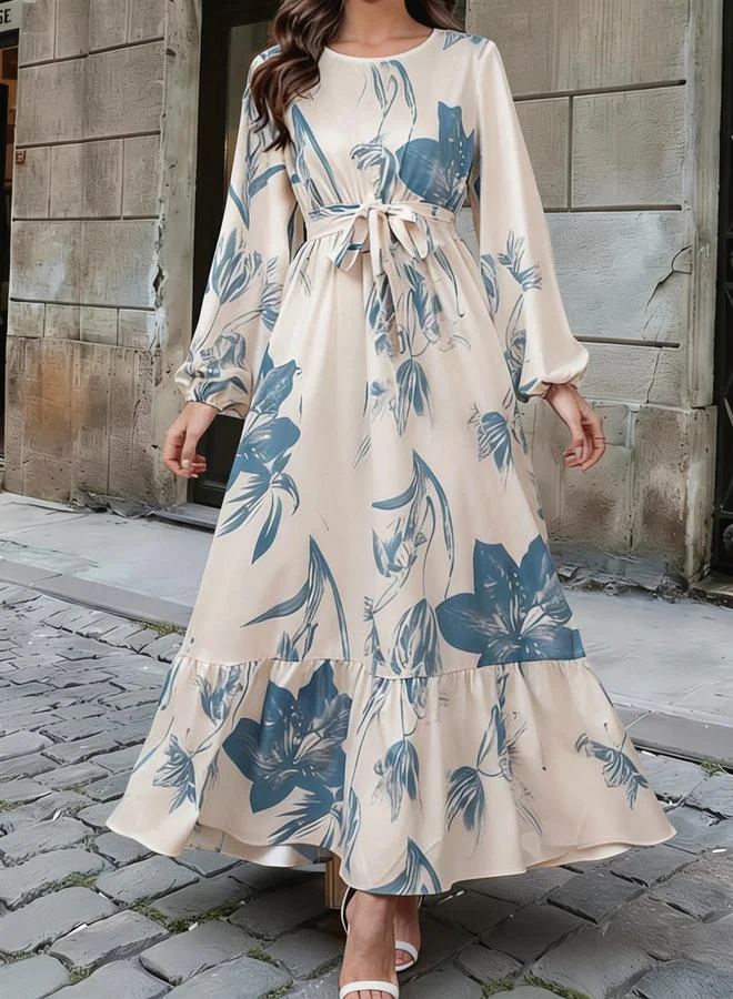 Take Two Blue Floral Print Ruffled Hem A-Line Maxi Dress