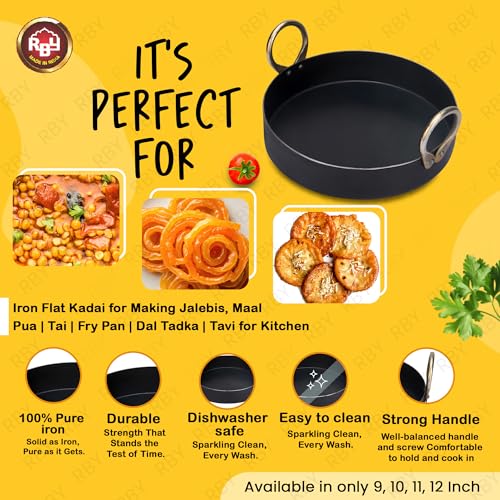 RBY 12 Inch Iron Flat Base Fry Pan Lohe Ki Tai Kadai for Jalebi Malpua Multipurpose Food Grade Iron Gas and Induction Friendly - Image 4