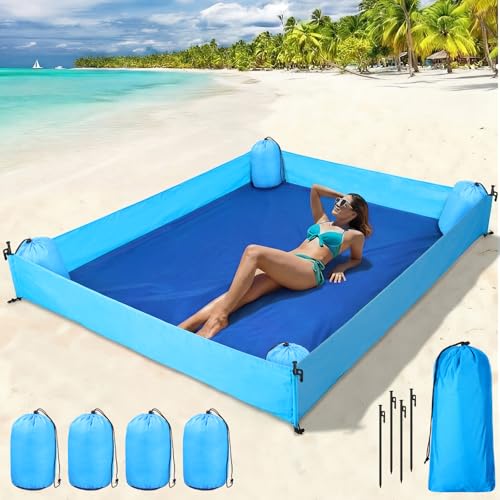 Breling Beach Blanket Waterproof Sandproof 73 x 56 Inch Large Waterproof Beach Blanket Portable Sand Free Picnic Mat with Side Walls 4 Sandbags and Stakes for Family Parks Outdoor Camping Vacation - Image 1