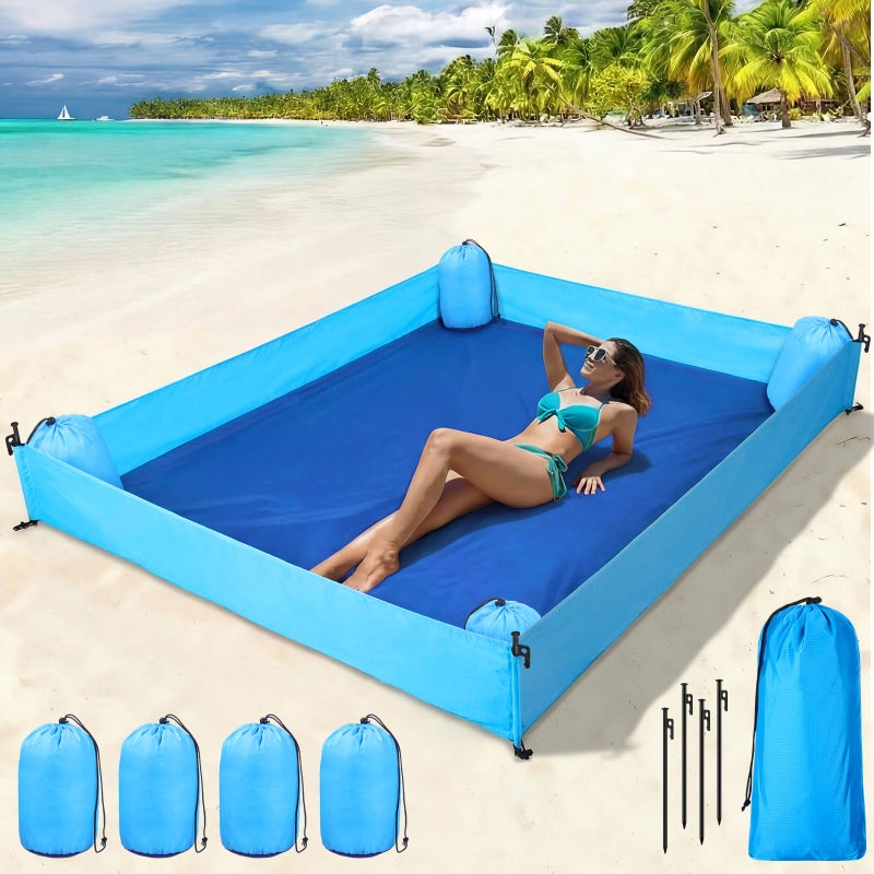Breling Beach Blanket Waterproof Sandproof 73 x 56 Inch Large Waterproof Beach Blanket Portable Sand Free Picnic Mat with Side Walls 4 Sandbags and Stakes for Family Parks Outdoor Camping Vacation - Image 2