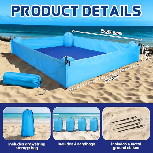 Breling Beach Blanket Waterproof Sandproof 73 x 56 Inch Large Waterproof Beach Blanket Portable Sand Free Picnic Mat with Side Walls 4 Sandbags and Stakes for Family Parks Outdoor Camping Vacation - Image 3