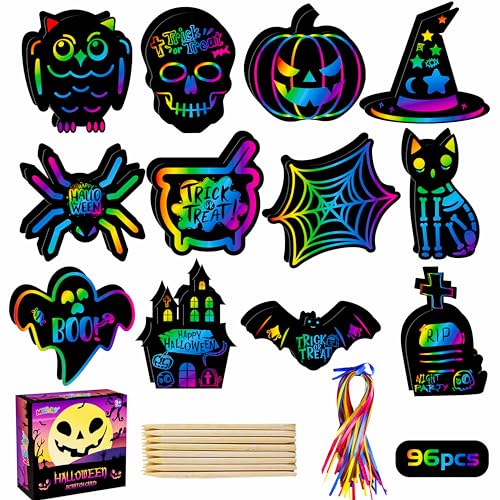 MGparty Scratch Paper Art for Kids 96 Pcs Halloween Magic Rainbow Scratch Paper Off Cards Set for Kids Crafts Arts Supplies Halloween Party Games Ornaments Birthday Gift - Image 1