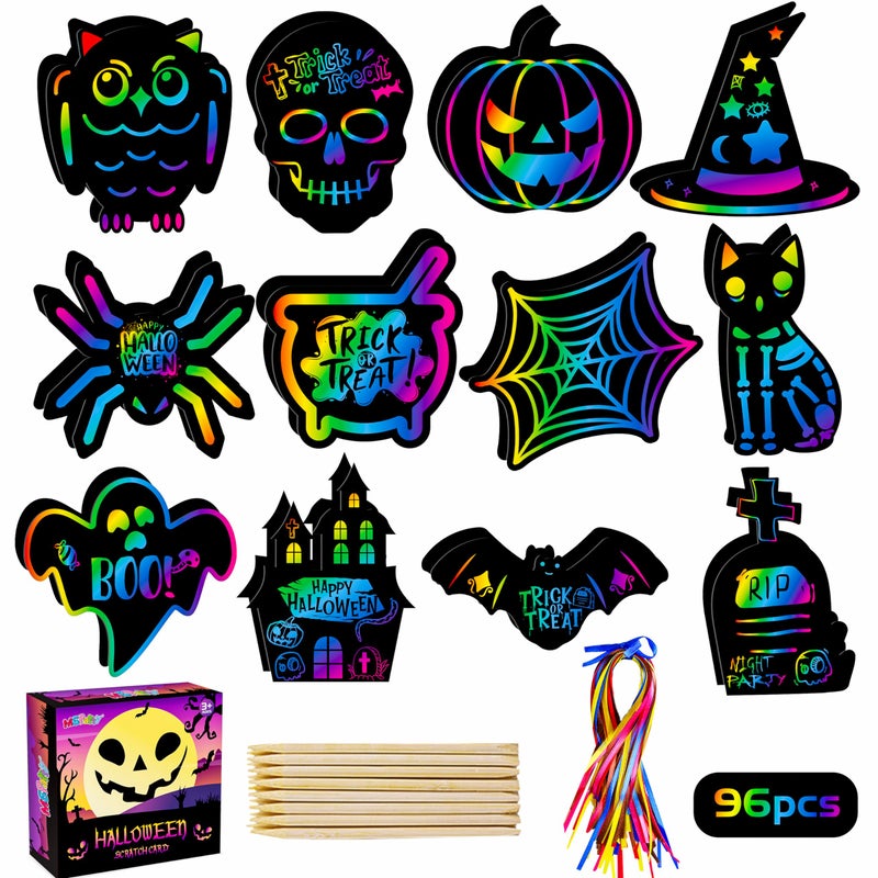 MGparty Scratch Paper Art for Kids 96 Pcs Halloween Magic Rainbow Scratch Paper Off Cards Set for Kids Crafts Arts Supplies Halloween Party Games Ornaments Birthday Gift - Image 2