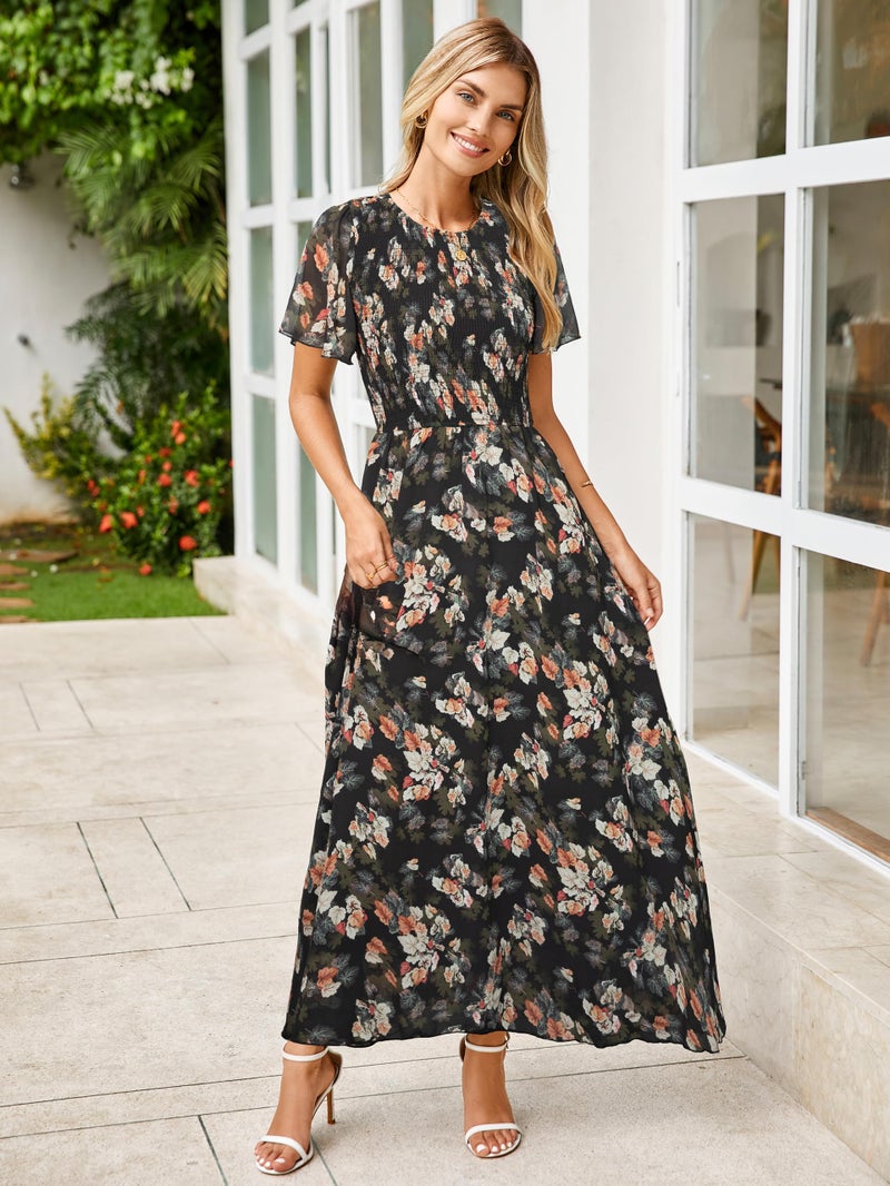Simplee Apparel Simplee Womens Summer Boho Maxi Dress Floral Short Sleeve Evening Dresses Ruched Flowy Prom Beach Black Wedding Guest Dress(Black Leaf M) - Image 4
