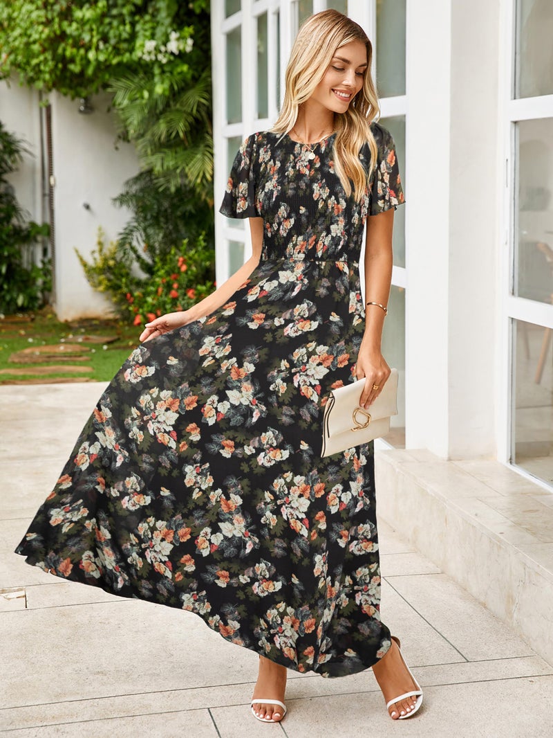 Simplee Apparel Simplee Womens Summer Boho Maxi Dress Floral Short Sleeve Evening Dresses Ruched Flowy Prom Beach Black Wedding Guest Dress(Black Leaf M) - Image 2