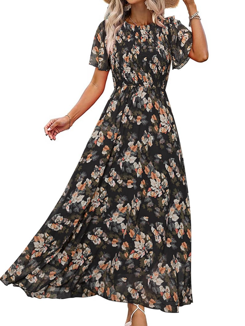 Simplee Apparel Simplee Womens Summer Boho Maxi Dress Floral Short Sleeve Evening Dresses Ruched Flowy Prom Beach Black Wedding Guest Dress(Black Leaf M) - Image 1