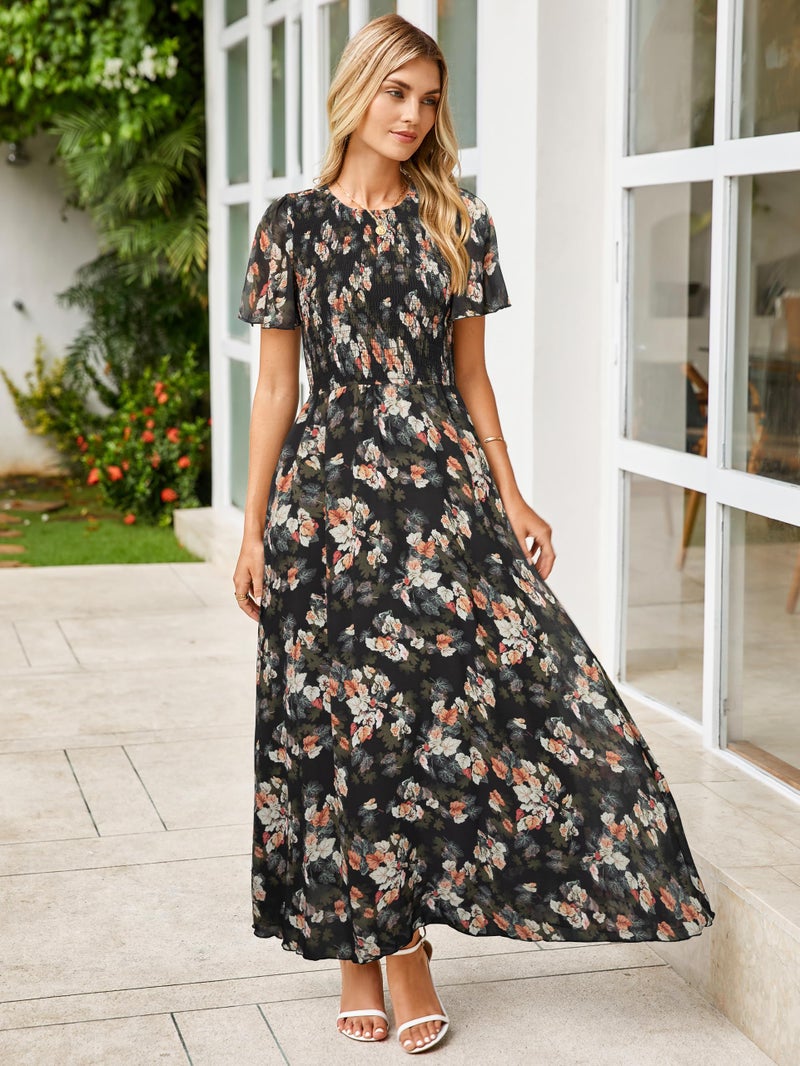 Simplee Apparel Simplee Womens Summer Boho Maxi Dress Floral Short Sleeve Evening Dresses Ruched Flowy Prom Beach Black Wedding Guest Dress(Black Leaf M) - Image 5