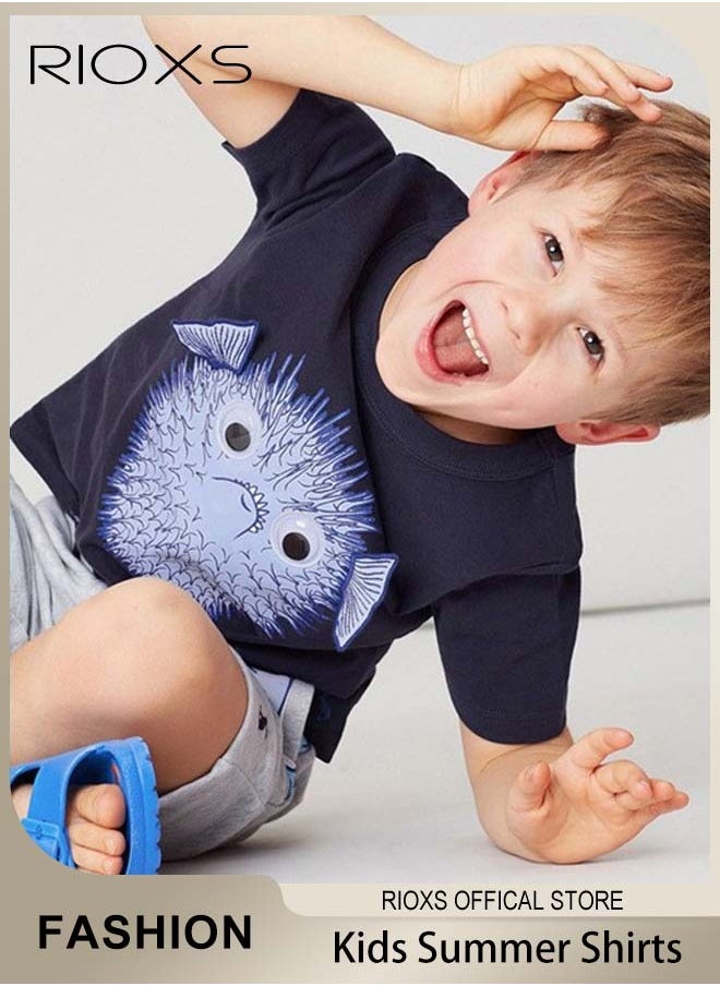 RIOXS Toddler Boys Fashion Cartoon Tops, Breathable Soft 100% Cotton T-Shirt, Classic Graphic Short Sleeve Tees, Perfect for Daily Wearing, School and Other Outdoor Activities  - Image 1