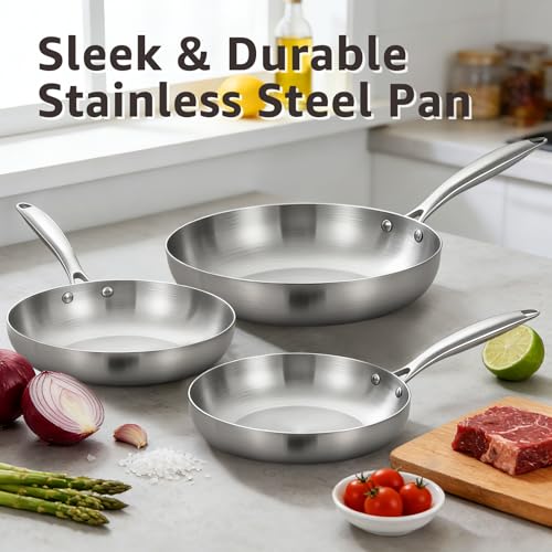 Inqibee Tri-Ply Stainless Steel Frying Pans Set with Lid, 8”/9.5”/11” Skillets, Induction Cooking Pans Set, Riveted Handle, Even Heating and Oven Safe - Image 2