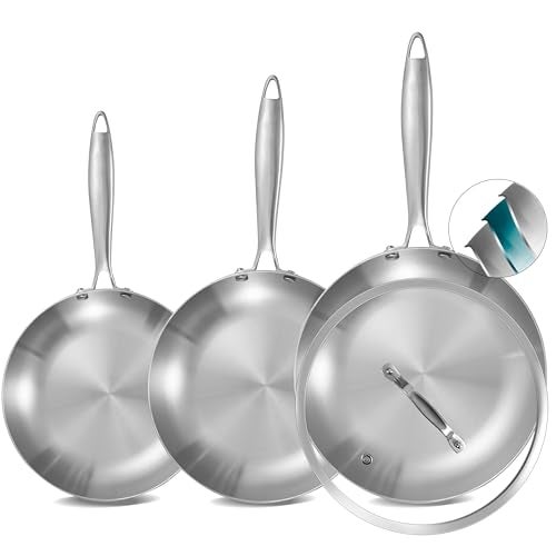 Inqibee Tri-Ply Stainless Steel Frying Pans Set with Lid, 8”/9.5”/11” Skillets, Induction Cooking Pans Set, Riveted Handle, Even Heating and Oven Safe - Image 1