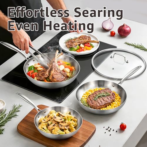 Inqibee Tri-Ply Stainless Steel Frying Pans Set with Lid, 8”/9.5”/11” Skillets, Induction Cooking Pans Set, Riveted Handle, Even Heating and Oven Safe - Image 4