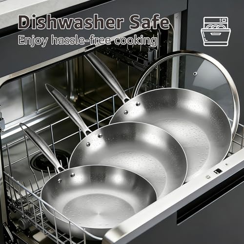 Inqibee Tri-Ply Stainless Steel Frying Pans Set with Lid, 8”/9.5”/11” Skillets, Induction Cooking Pans Set, Riveted Handle, Even Heating and Oven Safe - Image 5